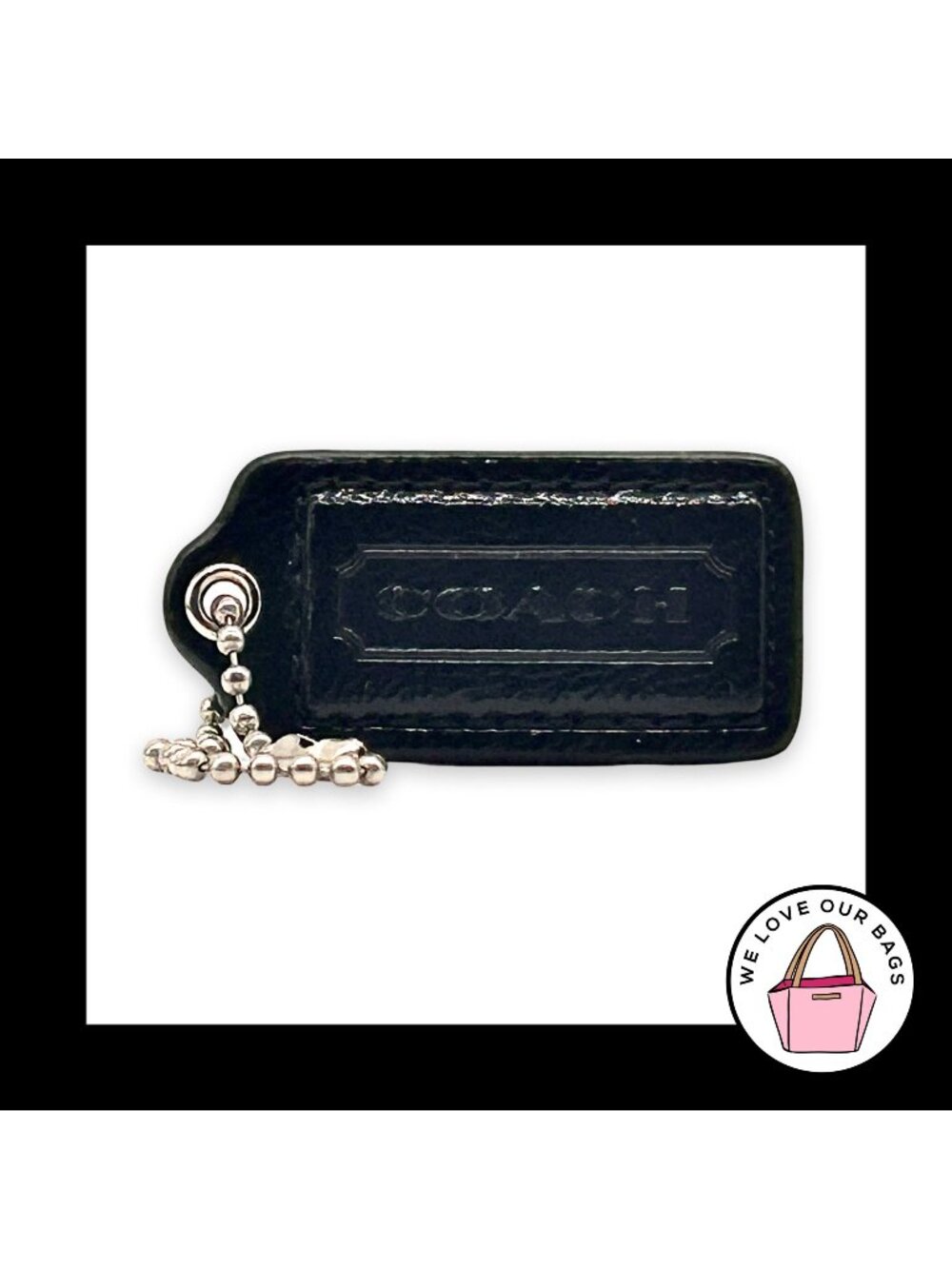 COACH HANG TAG 2" Black Patent Leather Bag Charm Keychain Fob Nickel Medium